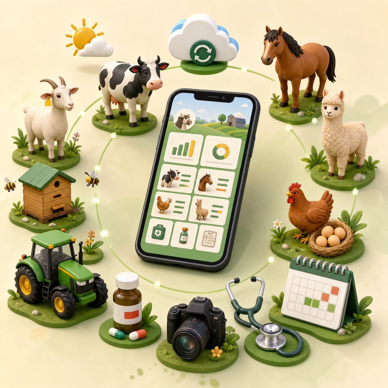 Phone surrounded by a cow, goat, horse, alpaca, chicken, hive, tractor, camera, medicine and calendar