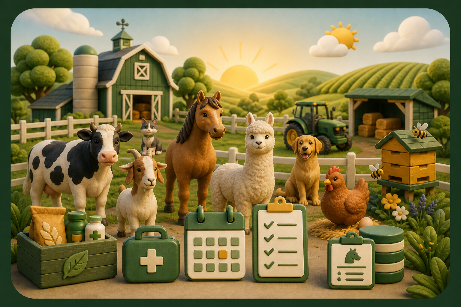 Illustrated interactive farm overview with animals, equipment, treatments and tasks