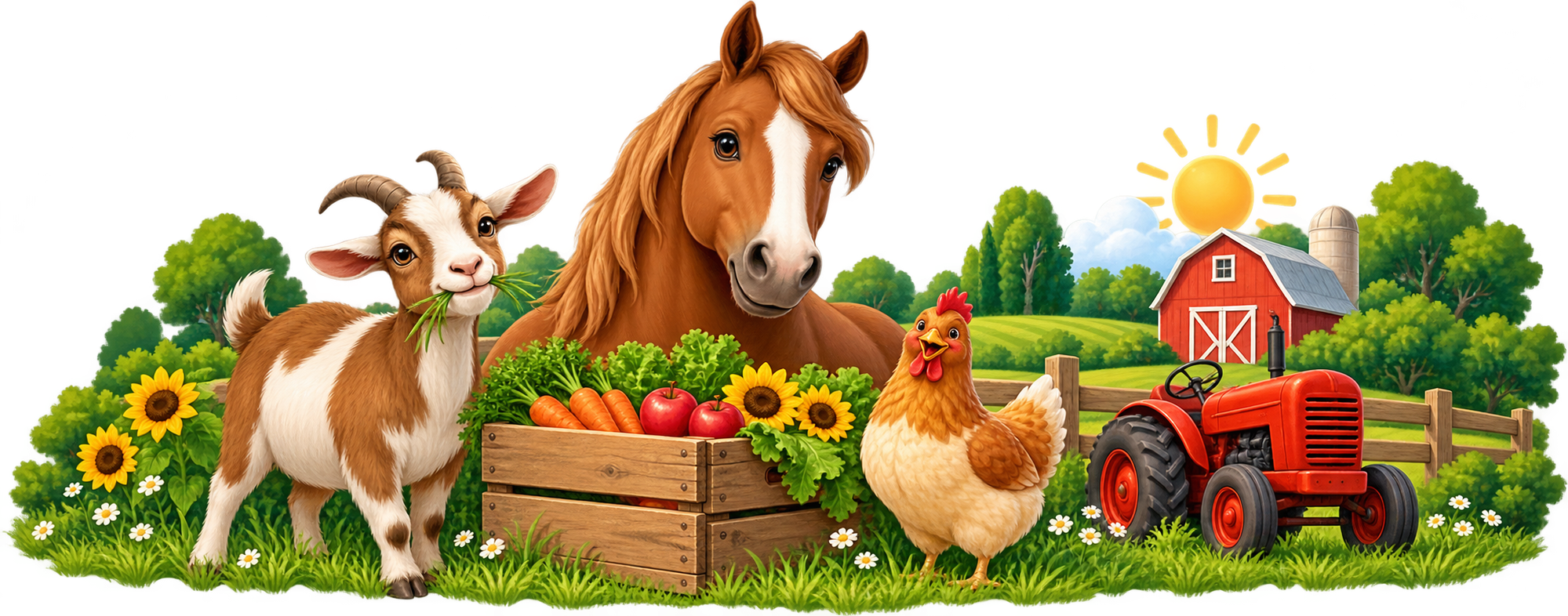 Colorful farm animals, produce, a tractor, and a red barn